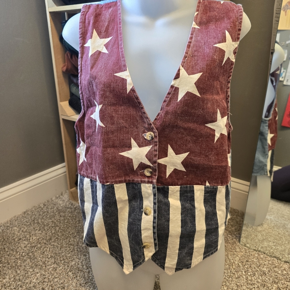 Vintage Quizz Soft Denim Patriotic Flag Vest Small